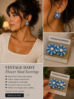 Vintage Daisy Blue & White Flower Stud Earrings - Classic Floral Studs